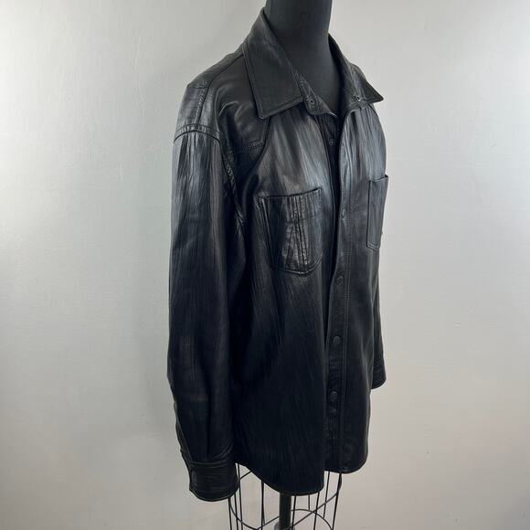 Jhane Barnes Black Western Shirt Jacket Soft Lamb Leather Snap-Button Sz 42 RARE - Picture 3 of 11